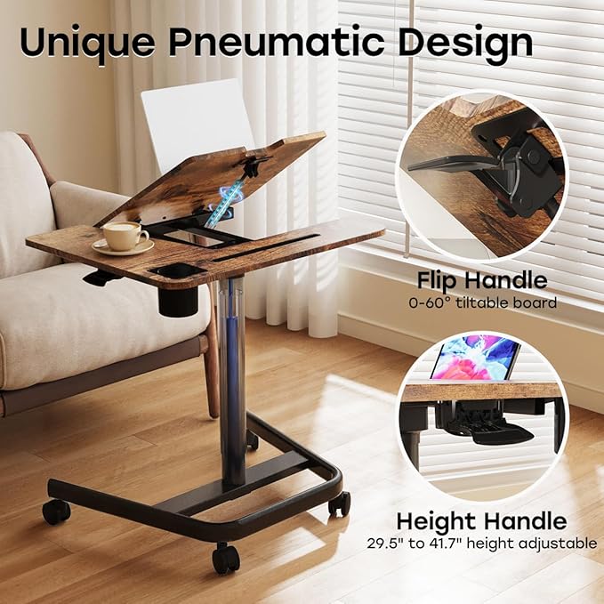 JOY worker Mobile Standing Desk, Height Adjustable Table, 60° Tiltable Rolling Laptop Desk, Portable Sit Stand Desk with Wheels Cup Holder for Bed Couch Hospital, Holds Up to 22lbs, Rustic