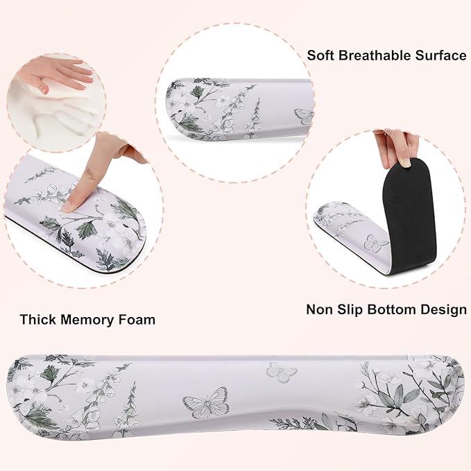 MEGREZ 4-in-1 Ergonomic Memory Foam Wrist Rest Set, Desk Pad, Mouse Pad with Wrist Rest, Keyboard Pad, Suitable for Office Workers, Programmers & Gamers–Relieve Typing & Gaming Fatigue, Green Flower