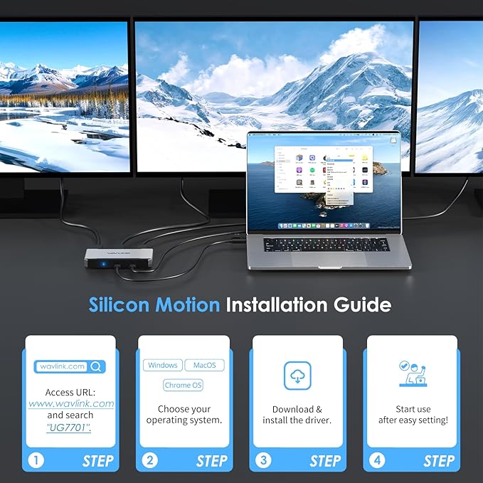 3 Monitor Docking Station, WAVLINK triple monitors adapter for M1/M2/M3/M4 macOS Systems. Type-C&A hosts, 100W PD IN, 3* HDMI + 2* DP Available, Triple 4K@60Hz, SMI Driver & Host USB3.2 Gen 2 Required