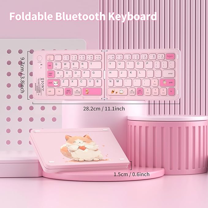 Pink Foldable Mini Bluetooth Keyboard, Portable Compact Wireless Rechargeable Keyboard with 67 Slim Quiet Keys, Cute Pocket-Sized Travel Keyboard for iPad iPhone Android Tablet Mac Windows-Cat Theme