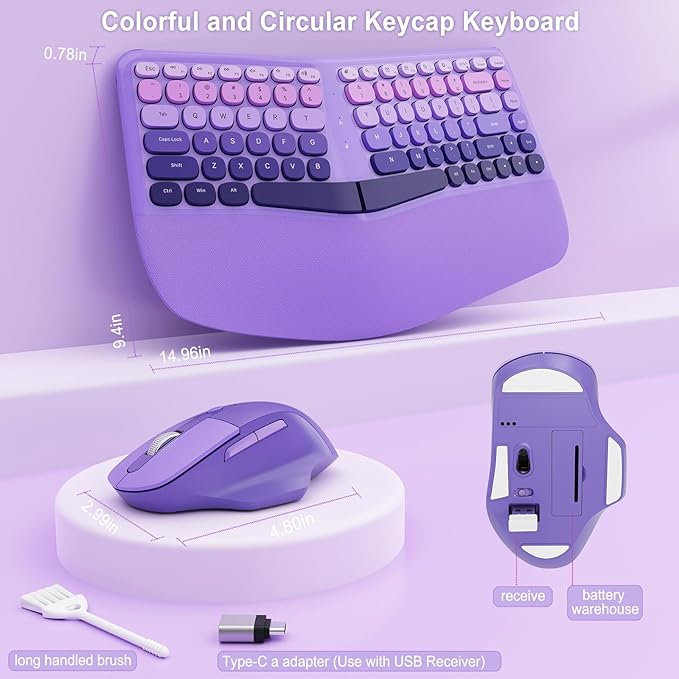 Ergonomic Wireless Keyboard and Mouse, Mechanical Gaming Set with Wrist Rest & OTG & Brush Ideal for Windows PC, Home, Office and College Purple