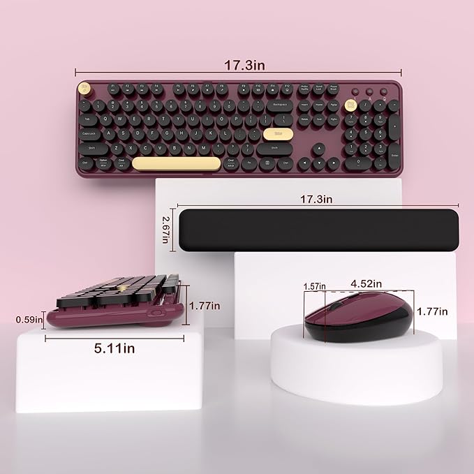 Wireless Keyboard and Mouse Combos, Retro Keyboard and Mouse Wireless Full Size, 2.4Ghz Connection and Optical Mouse for Windows, Mac, PC, Laptop for Home and Office (Burgundy-Black)