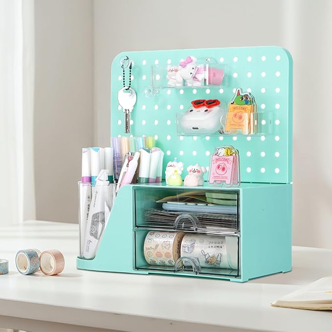 Comix Desk Organizer with 2 Drawer, Multifunctional Pen Holder for Desk, Desktop Organizer with Pegboard + Drawer + 5 Slots Pencil Holder for Office Home Art Supplies (Green)