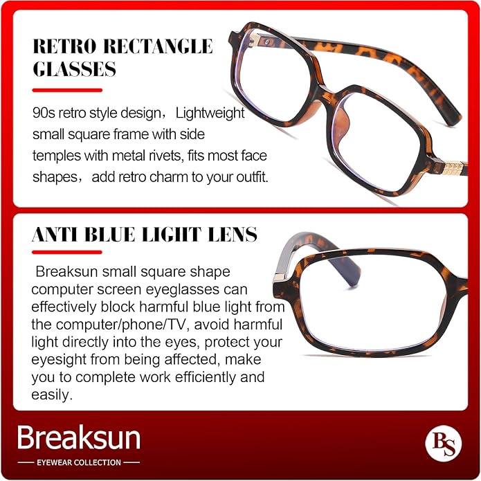 Retro Rectangle Glasses for Women Men Small Square Blue Light Blocking Glasses Vintage Eyeglasses