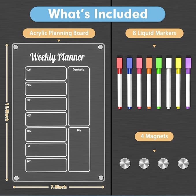 Grtard Acrylic Fridge Calendar Dry Erase Board, 2 Pack Acrylic Calendar for Fridge, 12''x8'' Weekly & Blank Clear Magnetic Planner Whiteboard for Refrigerator with 8 Colorful Markers