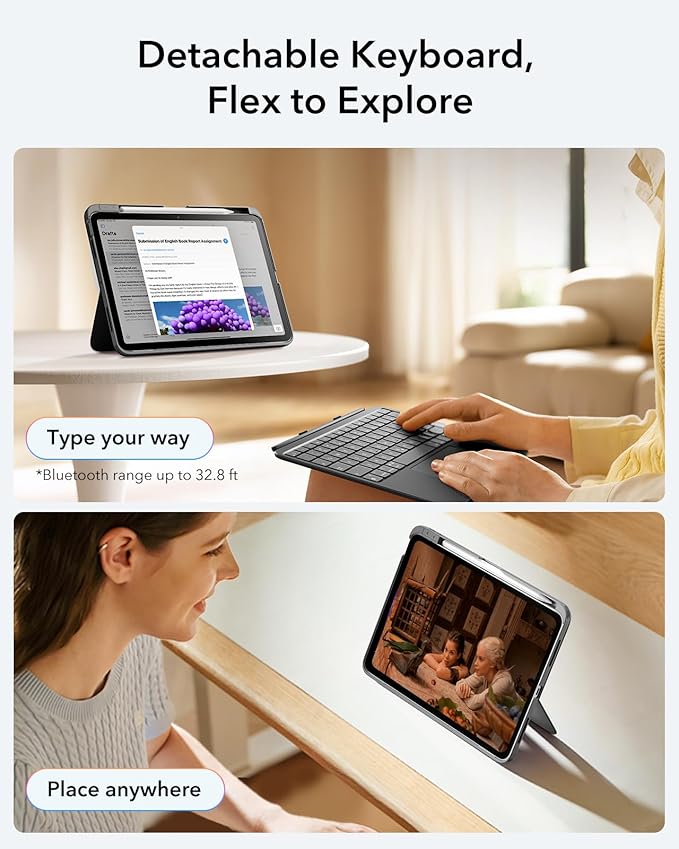 ESR for iPad Air 11 Inch Case with Keyboard M4/M3/M2 (2026/2025/2024) & Air 5th/4th Gen Flex Keyboard Case, Ultra-Light Magnetic Detachable Keyboard, Larger Precision Trackpad, Dark Gray