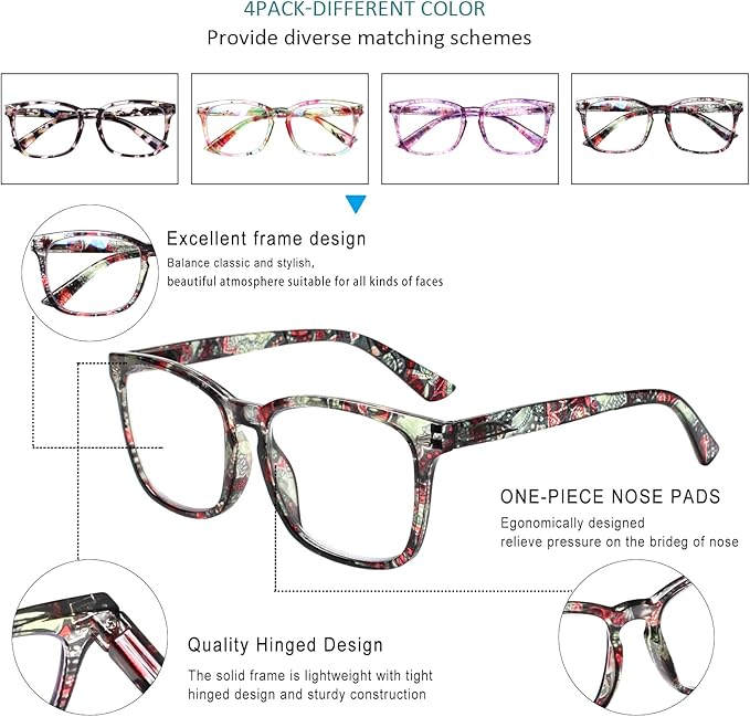 Henotin 4-Pack Blue Light Blocking Reading Glasses Women Men,Spring Hinge Computer Readers,Anti UV Ray Square Nerd Eyeglasses (Ladies Readers with Pattern Print, 2.0, Diopters)