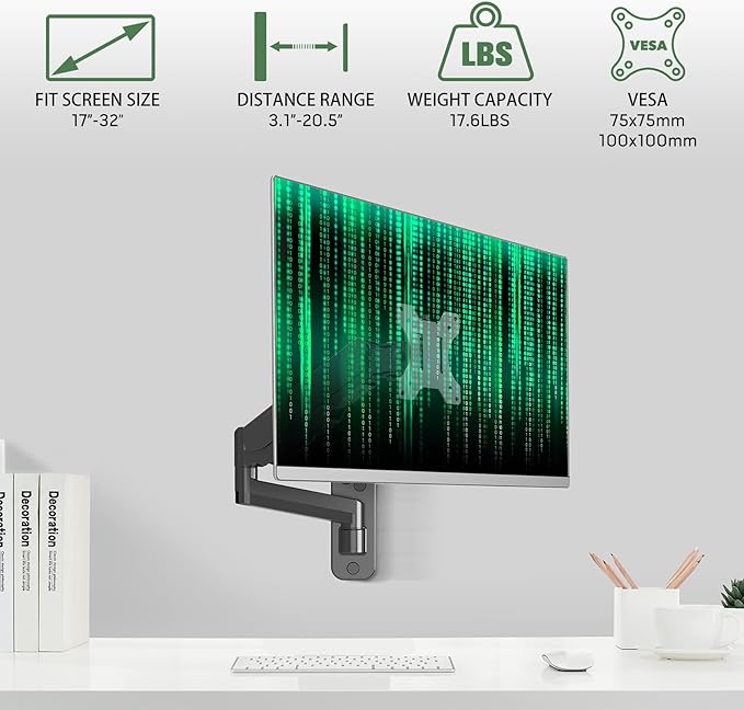 UPGRAVITY Monitor Wall Mount for 17-32 inch Flat/Curved Screen, Computer Monitor Wall Mount Arm Holds up to 17.6lbs, Tilt, VESA 75x75/100x100 mm