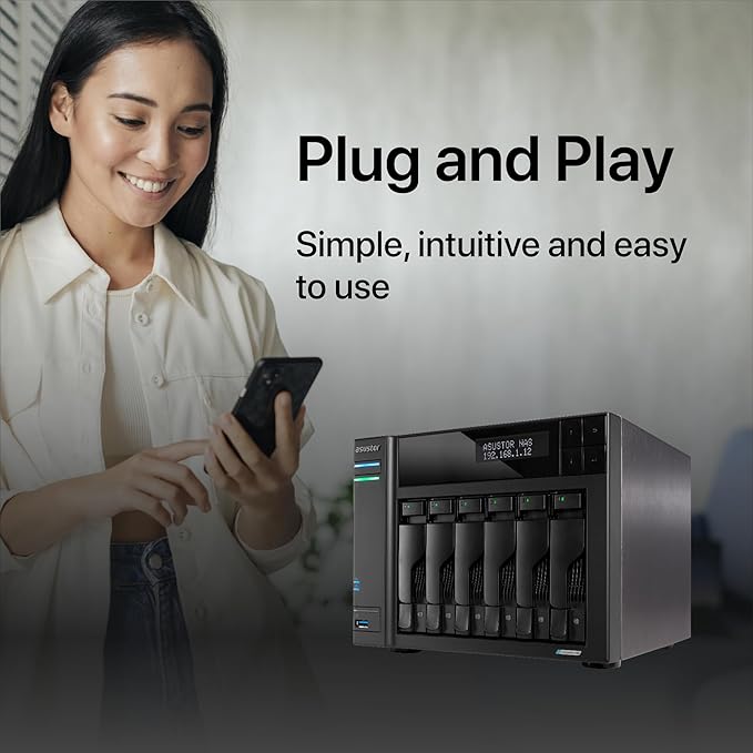 Asustor Lockerstor 6 Gen2 AS6706T - 6 Bay NAS, Quad-Core 2.0 GHz CPU, 4X M.2 NVMe Slots, Dual 2.5GbE, Upgradable to 10GbE, 8GB DDR4 RAM, Content Creation Network Attached Storage (Diskless)