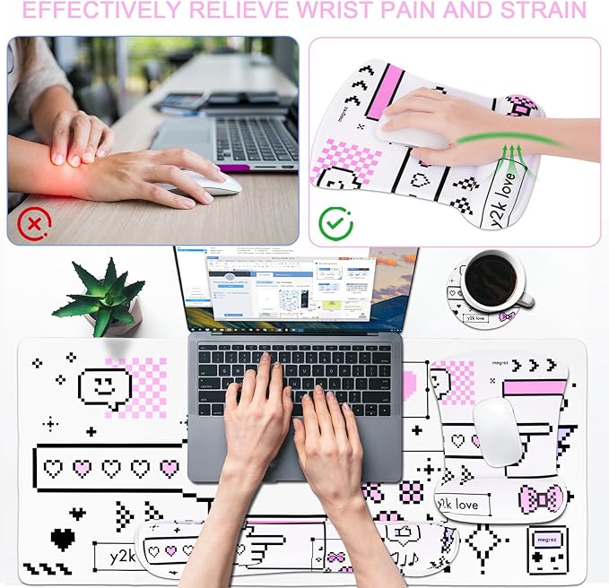 MEGREZ 4-in-1 Ergonomic Memory Foam Wrist Rest Set, Desk Pad, Mouse Pad with Wrist Rest, Keyboard Pad, Suitable for Office Workers, Programmers & Gamers–Relieve Typing & Gaming Fatigue, White Masaic