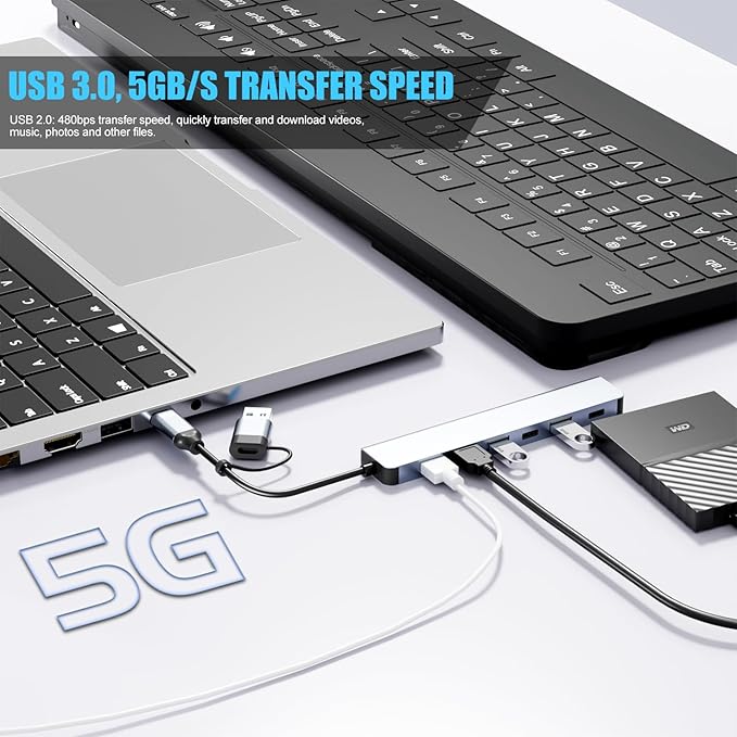 Aluminum 7 in 1 USB C/USB Hub, 2* USB C and 5* USB, USB 3.0 and USB 2.0 Ports, Ultra Slim Portable USB Splitter Adapter for Laptop, PS4, Flash Drive, HDD, Xbox, Printer, Mouse, Keyboard