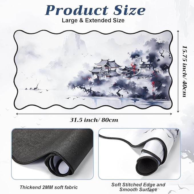 Kingdder Scalloped Japanese Desk Mat Large Aesthetic Ink Mouse Pad 31.5" x 15.7" Chinoiserie Nonslip Rubber Base Keyboard Pad for Laptop Gaming Office Computer Dorm Home