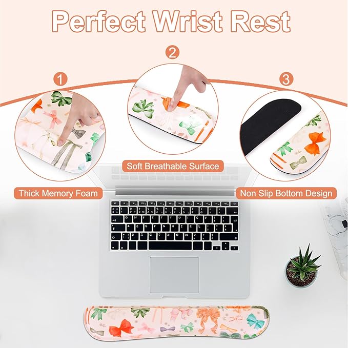 MEGREZ 4-in-1 Ergonomic Memory Foam Wrist Rest Set, Desk Pad, Mouse Pad with Wrist Rest, Keyboard Pad, Suitable for Office Workers, Programmers & Gamers–Relieve Typing & Gaming Fatigue, White Bow