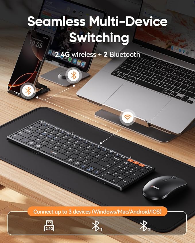 CHESONA Foldable Keyboard and Mouse Combo - Ultra Slim 600g with 2.4G+Dual Bluetooth Compact Wireless Folding Keyboard with Stand - Portable for Business/Travel with Case - Win/Mac/iOS/Android - Black