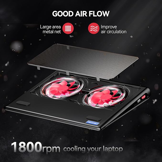 TECKNET Laptop Cooling Pad - 12"-15.6" Laptops Cooler, Powerful Cooler and Ultra Quiet for Gaming Laptops Pad, 2 Wind Speed Adjustable, USB A & C Powered Cooler Stand with Laptop Fan LED (Red)