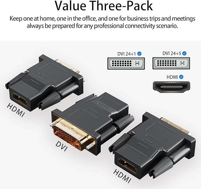 DVI to HDMI Adapter, 3-Pack Bi-Directional DVI(24+1) Male to HDMI Female with Gold-Plated Cord，Support 1080P for Computer, Monitor, Projector, TV, PS3/4/5 Nintendo Switch