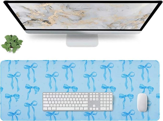 Blue Bows Desk Mat, Large Mouse Pad with Light Blue Background, Girly Computer Mat Keyboard Mat Cute Blue Office Pad for Desktop, Non-Slip Rubber Base, Stitched Edge Laptop Pad for Girls 31.5 x 11.8in
