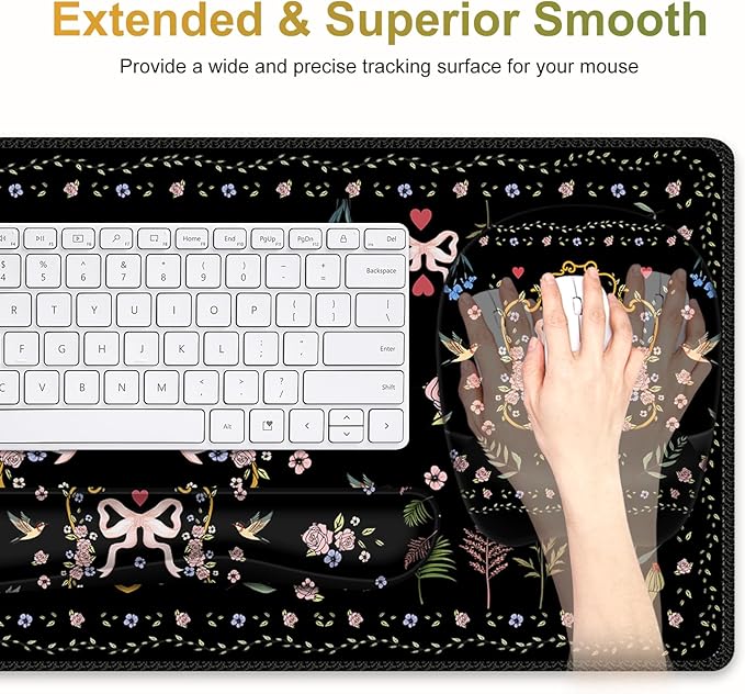 Mouse Pad with Wrist Support 4 in1 Set, XXL Big Game Mousepad + Keyboard Wrist Rest + Mouse Wrist Rest Pad +Coaster Gaming Mat for Home Office Work Computer Laptop I Vintage Floral Romantic Bow