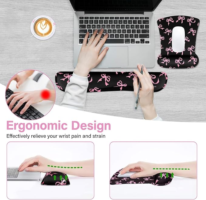 MOSISO Wrist Rest Support for Mouse Pad&Keyboard Set, Pink Bows Ergonomic Mousepad&Coaster Non-Slip Base Home/Office Pain Relief&Easy Typing Cushion with Neoprene Cloth&Raised Memory Foam, Black