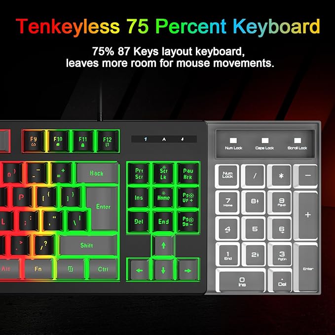 BlueFinger RGB 87 Keys Gaming Keyboard and Backlit Mouse Combo, USB Wired Rainbow Keyboard, Gaming Keyboard Set for Laptop PC Computer Game and Work(Gray & Black)