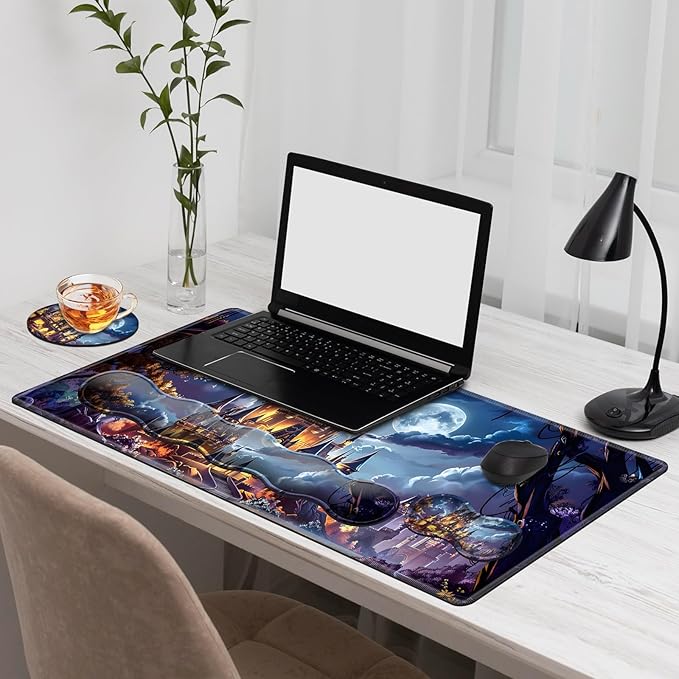 Gaming Mouse Pad Set, Moonlight Fantasy Castle Large Desk Mat Mousepad, Keyboard Wrist Support, Mouse Wrist Rest, Coaster 4in1 Ergonomic Memory Foam, Non-Slip Stitched Edge for Home Office