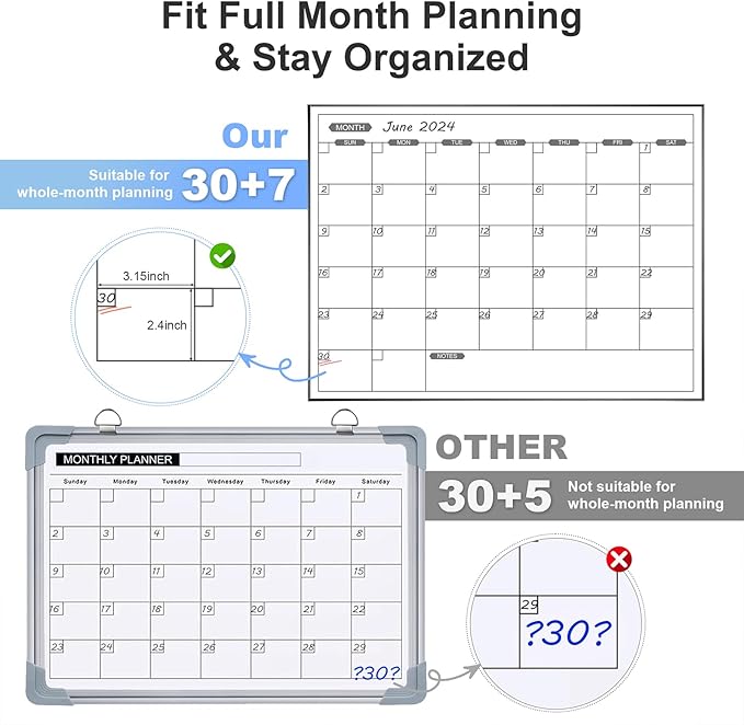 ARCOBIS Monthly Calendar Whiteboard, 24" x 18" Magnetic Dry Erase Calendar with Black Frame, Wall Hanging Planner for Home, Office, School