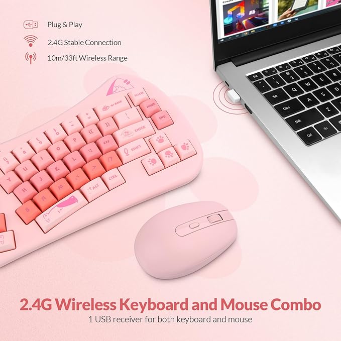 Cute Cat Keyboard and Mouse Wireless, Cat Theme, Silent Keys, Pinkish Colors, Ergnomic Split Keyboard and Optical Mouse with 2.4G USB Receiver, for Windows/Mac/PC/Laptop