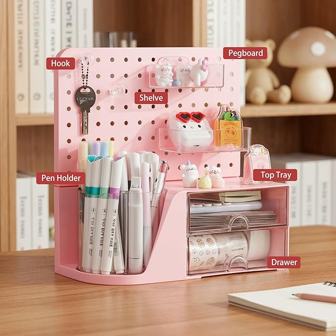 Comix Desk Organizer with 2 Drawer, Multifunctional Pen Holder for Desk, Desktop Organizer with Pegboard + Drawer + 5 Slots Pencil Holder for Office Home Art Supplies (Pink)