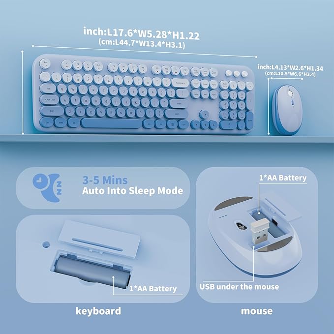 Wireless Keyboard and Mouse Combo, 2.4GHZ Typewriter Retro Full Size Keyboards, Cute Colorful Computer Keyboard and Wireless Mouse for Laptop/Desktop/Windows/PC (Blue Gradient)