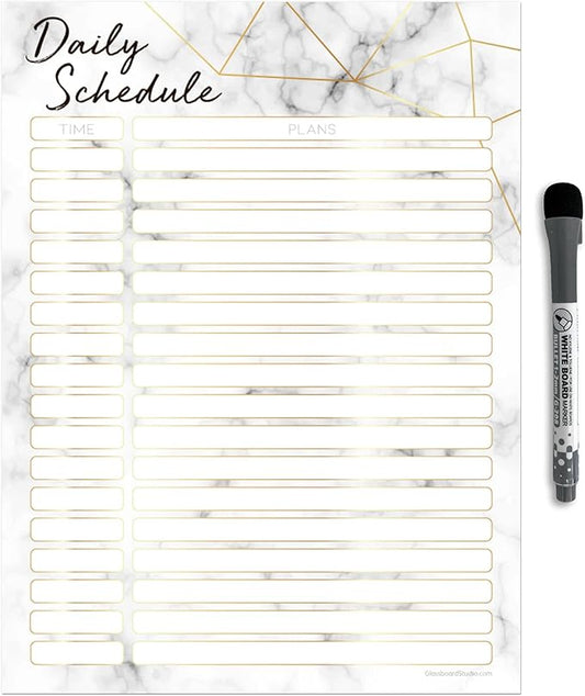 Dry Erase Daily Schedule Planner Sticker Decal by Glassboard Studio | Removable & Reusable | Magnetic Fine-Tip Marker Included (9 x 12 inches, Marble)
