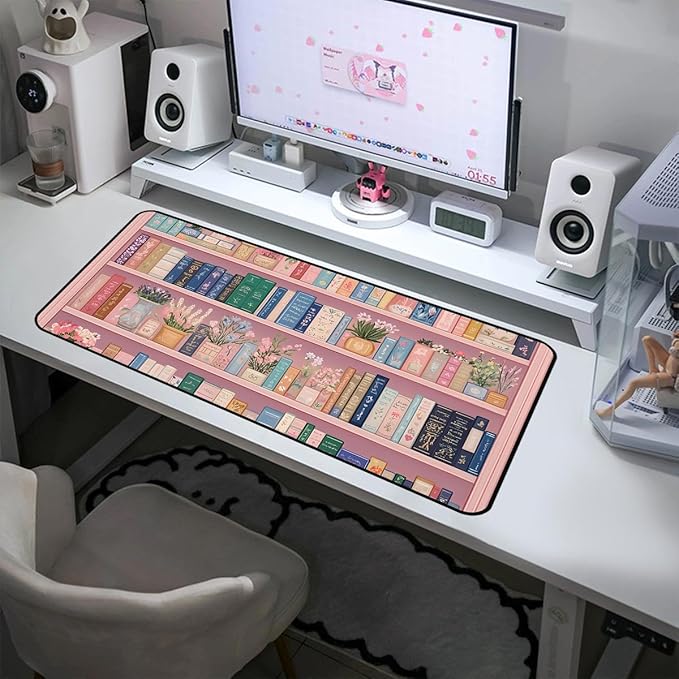 Cute Bookshelf Deskmat, Pink Desk Pad Mousepad XXL, Game Pad, Large Office Desk Keyboard Mat, Anti Slip Rubber Base and Sewn Edge Mouse Mat, Beautiful Reading Space Desktop Decor 31.5"X15.7"
