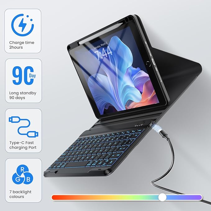 OYEEICE Keyboard Case for iPad 6th Generation 9.7 inch - 7 Color Backlit Detachable Wireless Keyboard, Upgraded Magnetic Cover with Pencil Holder for iPad Air 2nd Generation & iPad 6th/5th Gen - Black