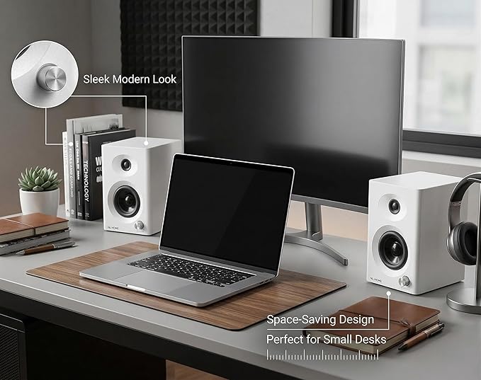 3-Inch Bluetooth 5.3 Computer Speakers for PC, Max 60W RMS Rich Stereo Sound with Good Bass & Clear Highs, Stable Aux/RCA Inputs, for Gaming, Home Office, Studio, White Pair