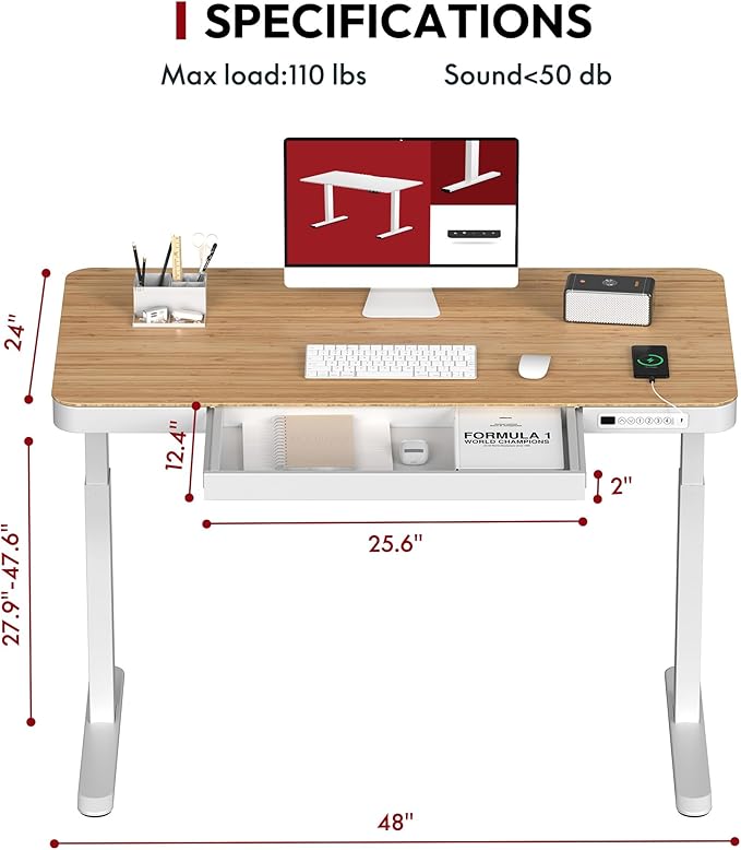 SANODESK Electric Standing Desk with Drawer, Desktop & Adjustable Frame with USB Charge Ports (Bamboo-Look Laminate/White, Wood)