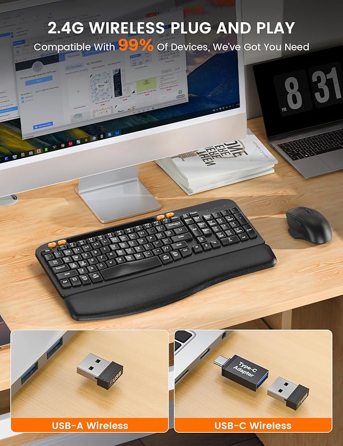 Wireless Keyboard and Mouse Combo, Ergonomic Wave Keys, Cushioned Palm Rest, Rechargeable, Phone Holder, Natural Typing, 2.4G Lag-Free, MA22 Plus Full Size Keyboards Set for Windows/Mac -SABLUTE