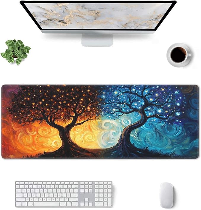 Blue and Red Tree Desk Mat Large Gaming Mouse Pad Blue and Red Tree Extended Mousepad Big in Laptop Computer Mouse Keyboard Mat for Office Desk Decor 31.5x12 in