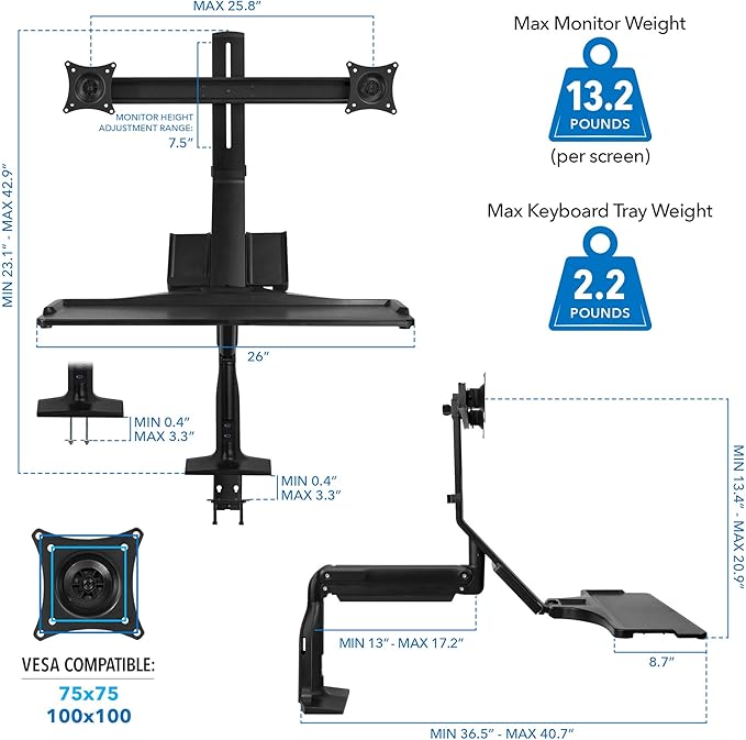 Mount-It! Dual Monitor Arm Desk Mount Sit-Stand Workstation with 2 USB 3.0 Ports, Height Adjustable 23.1–42.9”, Fits Two 17–27” Screens, 13.2 lbs Each, VESA 75x75 100x100, Clamp or Grommet