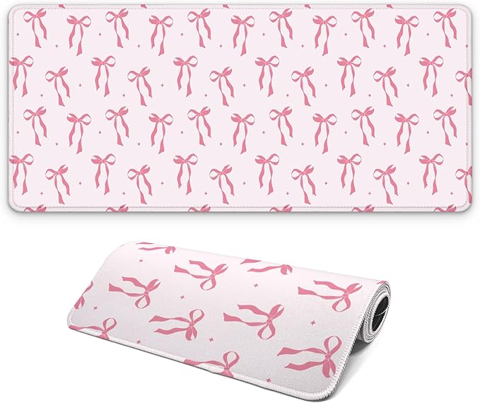 Large Computer Mouse Pad with Non-Slip Base for Desktop, Cute Gaming Mouse Mat with Stitched Edges, Long Extended Anime Mousepad for Laptop, 31.5 x 11.8 inches (Pink Ribbon Bow)