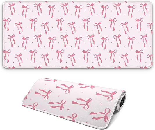 Large Computer Mouse Pad with Non-Slip Base for Desktop, Cute Gaming Mouse Mat with Stitched Edges, Long Extended Anime Mousepad for Laptop, 31.5 x 11.8 inches (Pink Ribbon Bow)