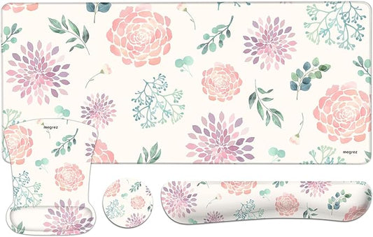 MEGREZ 4-in-1 Ergonomic Memory Foam Wrist Rest Set, Desk Pad, Mouse Pad with Wrist Rest, Keyboard Pad, Suitable for Office Workers, Programmers & Gamers–Relieve Typing & Gaming Fatigue, Flowers