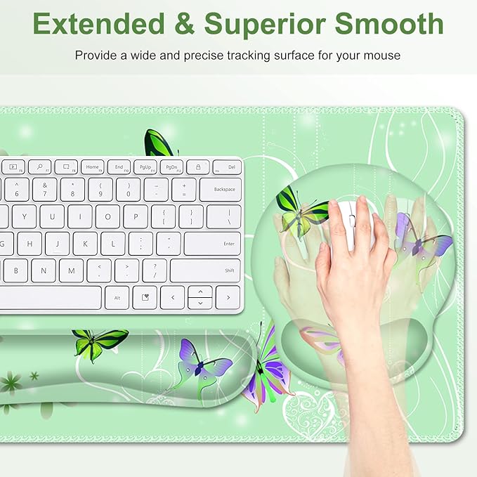 Mint Green Butterflies Florals Mouse Pad, XXL Large Desk Mat Extended Reading Desk pad, 4PCS Non-Slip Rubber Base Computer Big Mousepads for Work, Game, Office, Home Decor Cute Girls Woemn Gifts