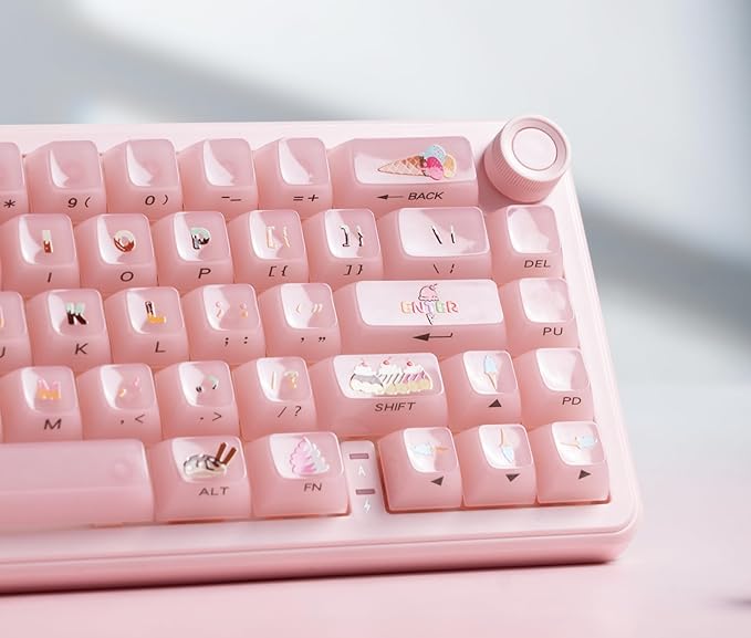 Womier Keyboard Keycaps Jelly,Ceramic Keycaps Style, Clear Ice-Cream Pink Cute Key Cap,Transparent Side Printed Custom 60 65 75 100 Percent for Cherry MX,Gateron Mechanical Keyboards,MDA Profile