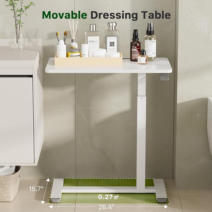 Mobile Standing Desk, Pneumatic Adjustable Rolling Desk(27.5 Inches), Portable Laptop Desk with Wheels, Overbed Bedside Table Laptop Table for Couch, Home, Office, White
