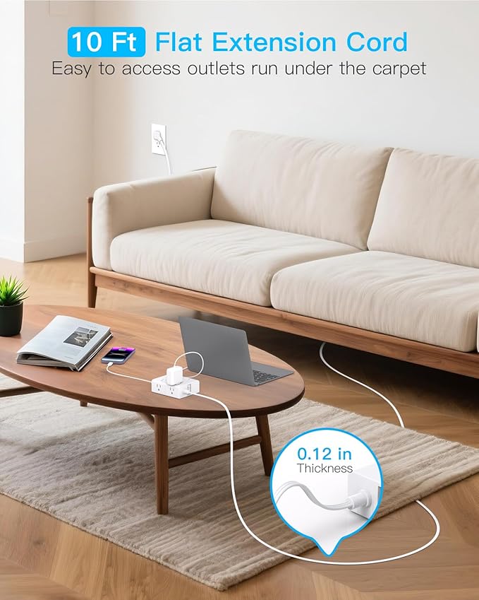 10Ft Extension Cord with Multiple Outlets, Flat Plug Surge Protector Power Strip 10 Ft Long Cord, 8 Outlets & 4 USB Ports (2 USB C), 900J Desk Charging Station for Home Office, College Dorm Essentials