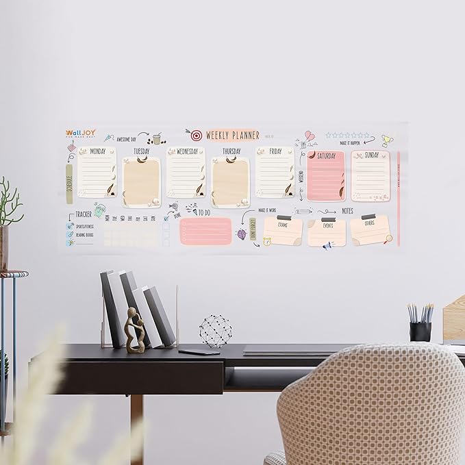 Dry Erase Calendar – 39.4x16” Weekly Dry Erase Board for Wall, Clear Weekly Planner Whiteboard, Adhesive-Free Calendar Whiteboard Sticks to Any Smooth Surface, Weekly Schedule Whiteboard