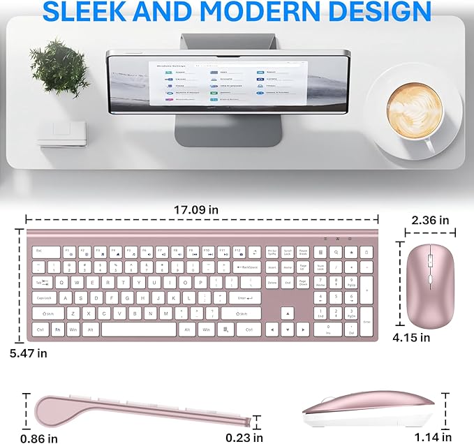 Wireless Keyboard and Mouse Combo, Full Size Keyboard and Mouse, Long Battery Life, Optical Mouse, 2.4G Lag-Free Cordless Mice Keyboard Set Ultra Slim Design for Computer, Laptop, PC, Windows (Pink)