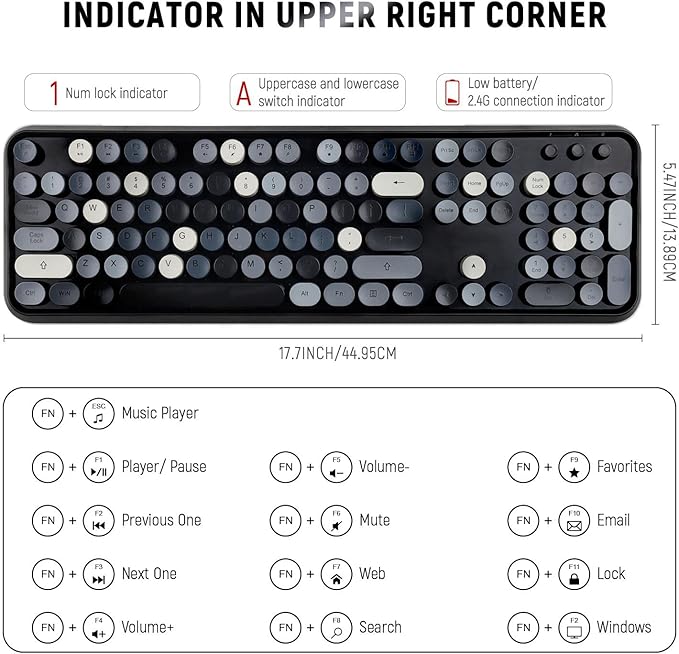Wireless Keyboard and Mouse Combo, Retro Typewriter Style Bubble Keyboard with Round Keycaps, 2.4GHz Full Size Mixed Color Aesthetic Keyboards and 3 DPI Mouse Set for PC Laptop Desktop - Black Grey