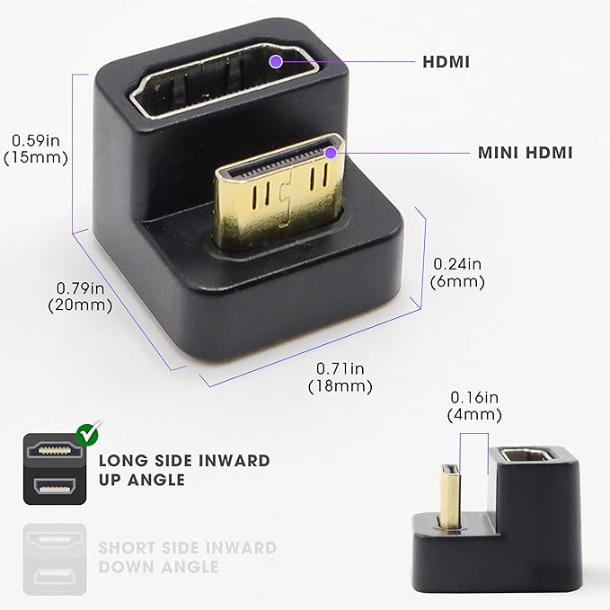 Kado 180 Degree Mini HDMI to HDMI 4K 60Hz Adapter U Shaped Mini HDMI Male to HDMI Female Extender Converter for Portable Monitor, Laptop, Tablet, Camera and Projector (Dual Combo Up Down Angle)