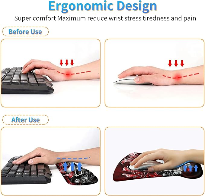 Ergonomic Mouse Pad with Wrist Support Gel Mousepads and Upgrade Keyboard Wrist Rest Pad Set, Coasters Non-Slip PU Base Mouse Mat for Office Gaming Computer Laptop Home, Red Flower Skull