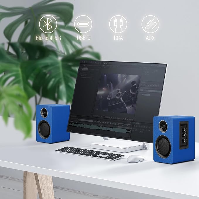Computer Speakers for Desktop PC, Active Bookshelf Speaker with 3‘’ Carbon Fiber Woofer and Silk Film Tweeter ,Supports Bluetooth 5.3, USB-C, AUX/RCA Input for Record Player TV - Blue Stereo Set